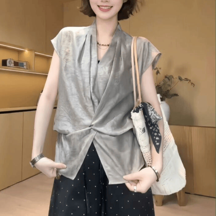 V-neck Straight-shoulder Short-sleeve Blouse for Women