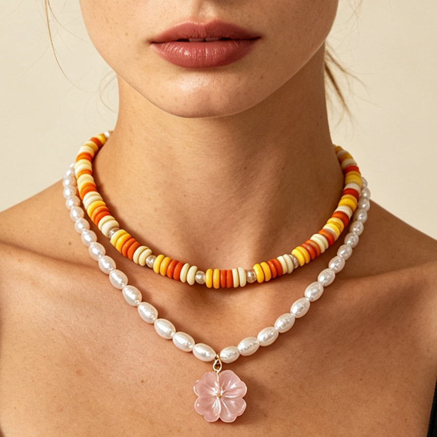 Contrast-color Flat-bead Double-layer Flower Necklace