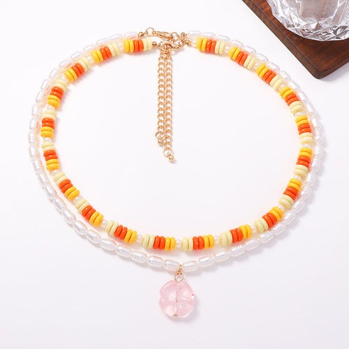Contrast-color Flat-bead Double-layer Flower Necklace