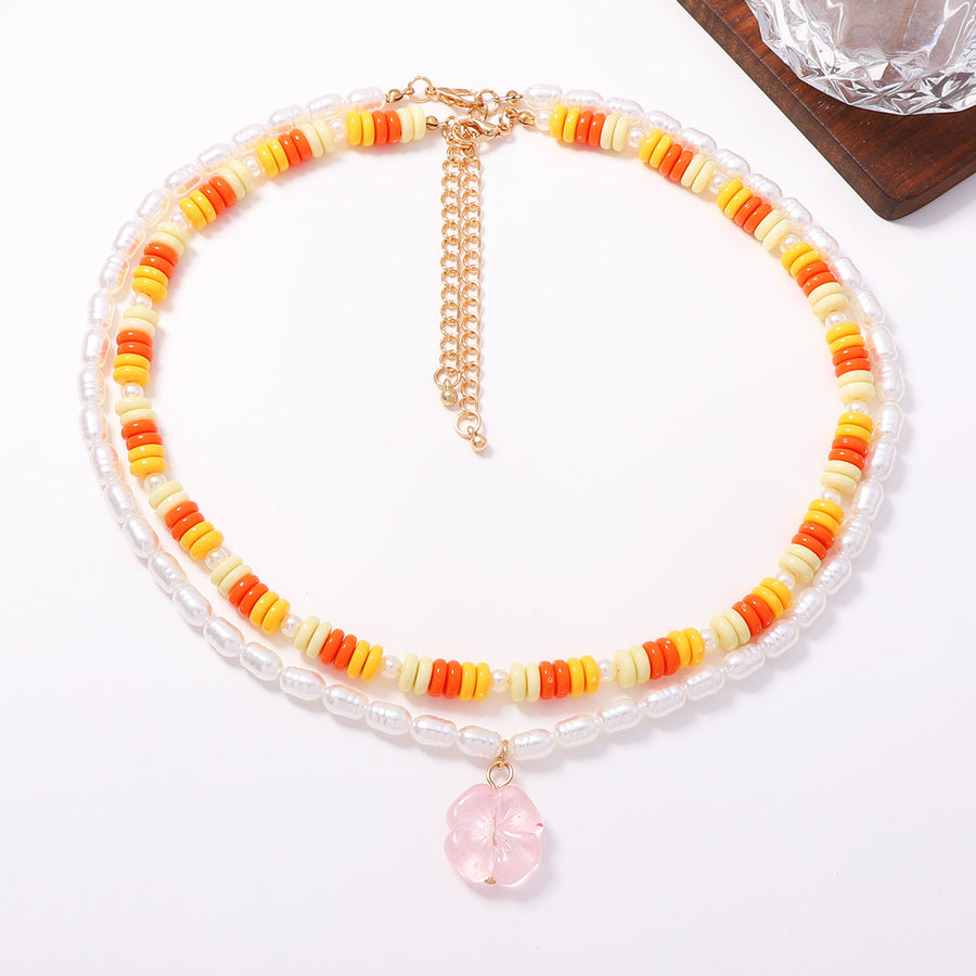 Contrast-color Flat-bead Double-layer Flower Necklace