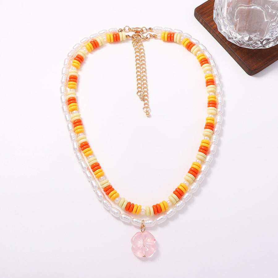 Contrast-color Flat-bead Double-layer Flower Necklace