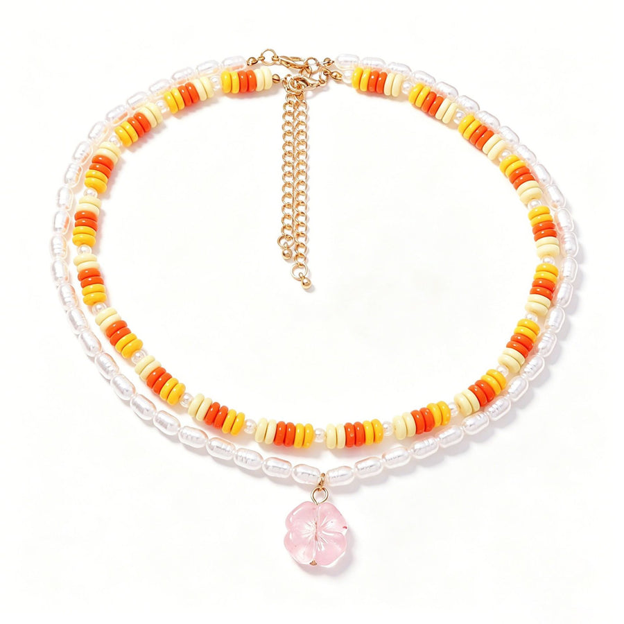 Contrast-color Flat-bead Double-layer Flower Necklace
