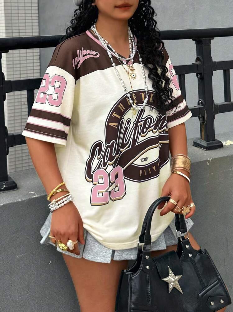 Vintage Letter Print V-Neck Oversized Jersey Shirt