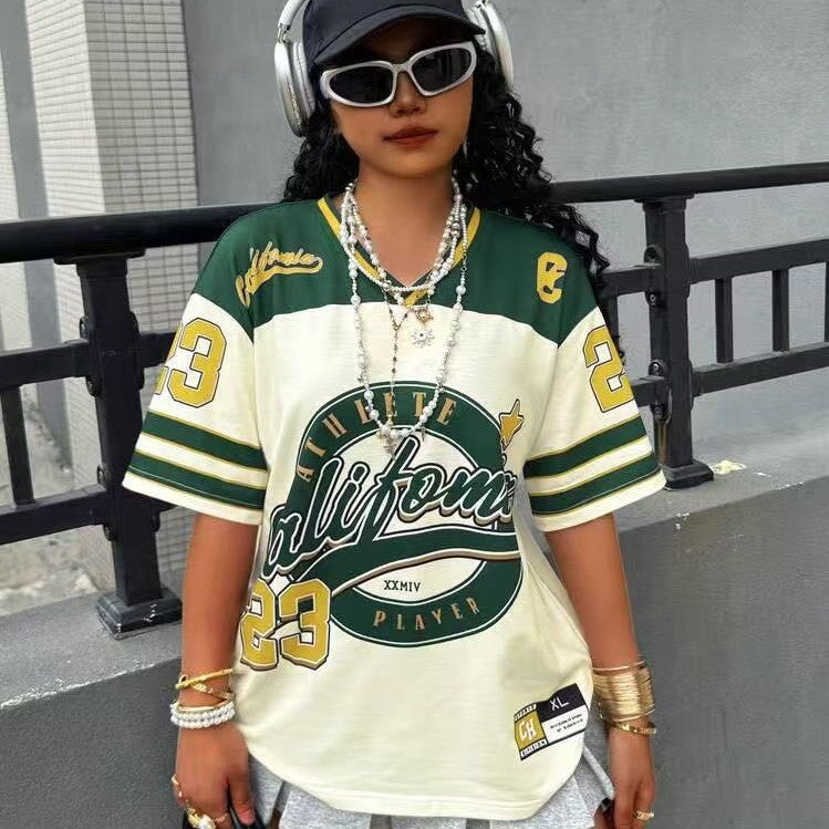 Vintage Letter Print V-Neck Oversized Jersey Shirt