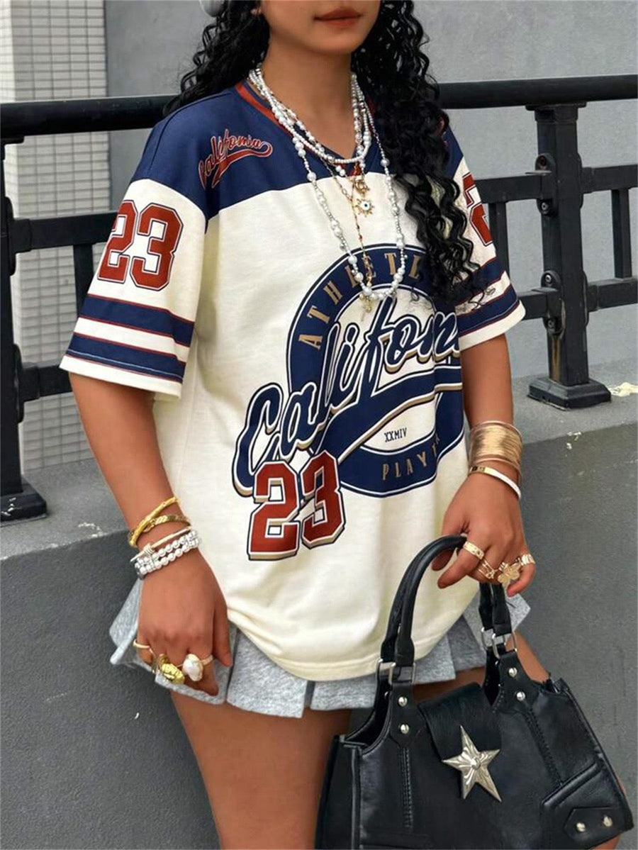 Vintage Letter Print V-Neck Oversized Jersey Shirt