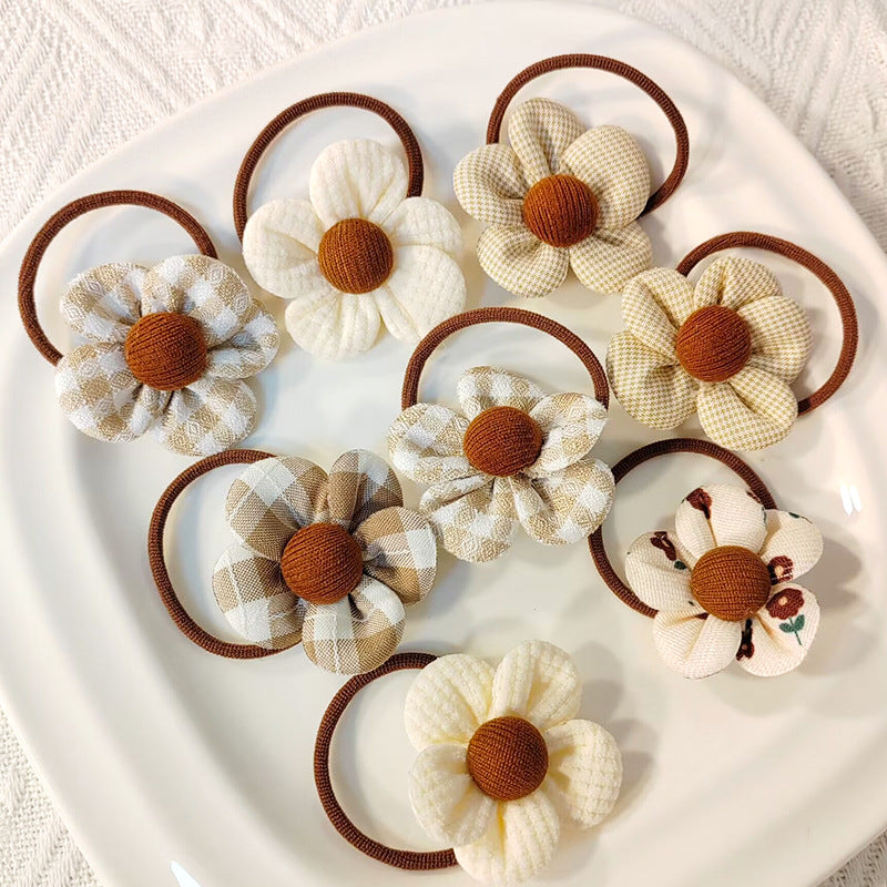 Milk Coffee Color Hair Ties for Girls - Floral Pattern Set