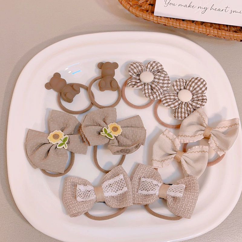 Milk Coffee Color Hair Ties for Girls - Floral Pattern Set