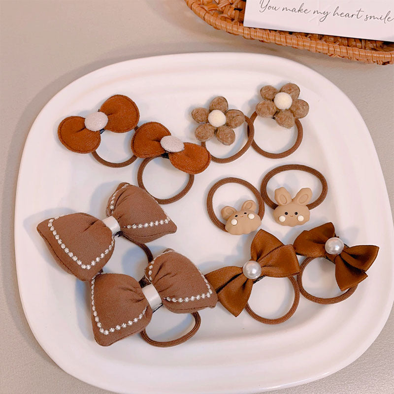 Milk Coffee Color Hair Ties for Girls - Floral Pattern Set