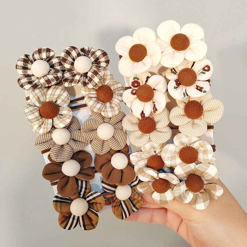 Milk Coffee Color Hair Ties for Girls - Floral Pattern Set