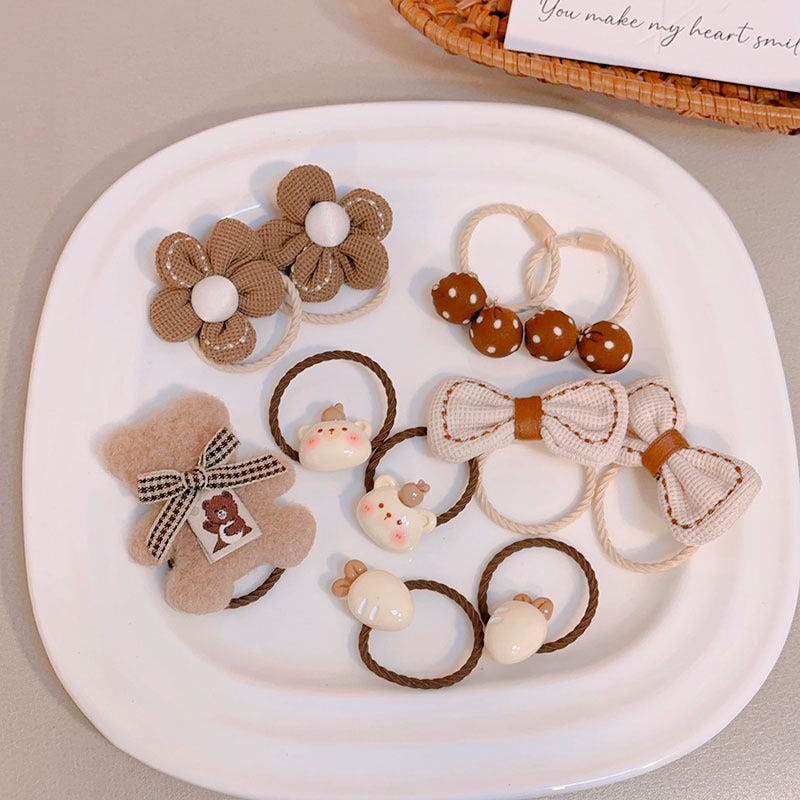 Milk Coffee Color Hair Ties for Girls - Floral Pattern Set