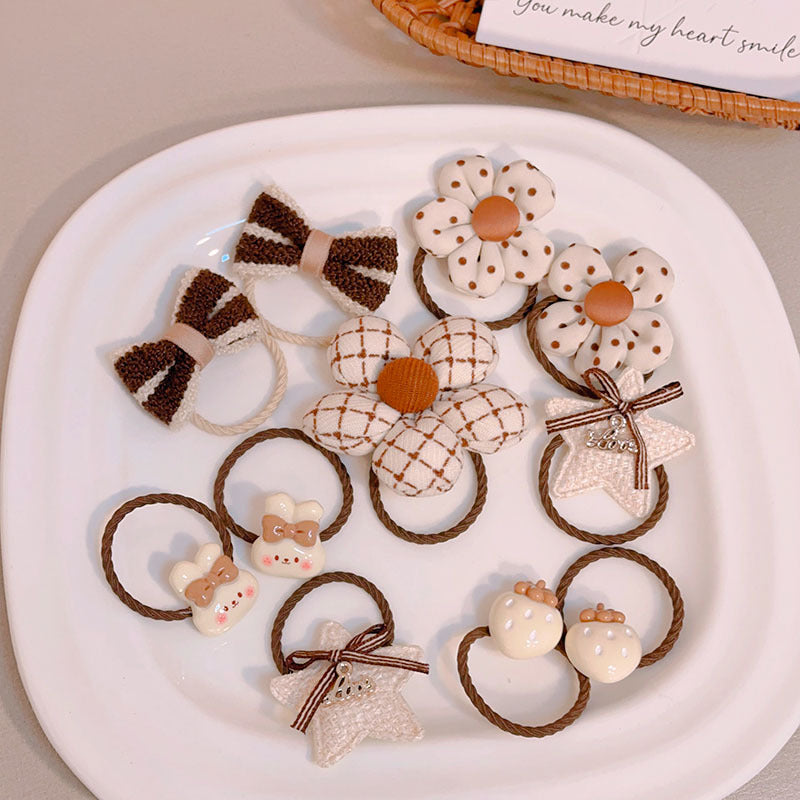 Milk Coffee Color Hair Ties for Girls - Floral Pattern Set