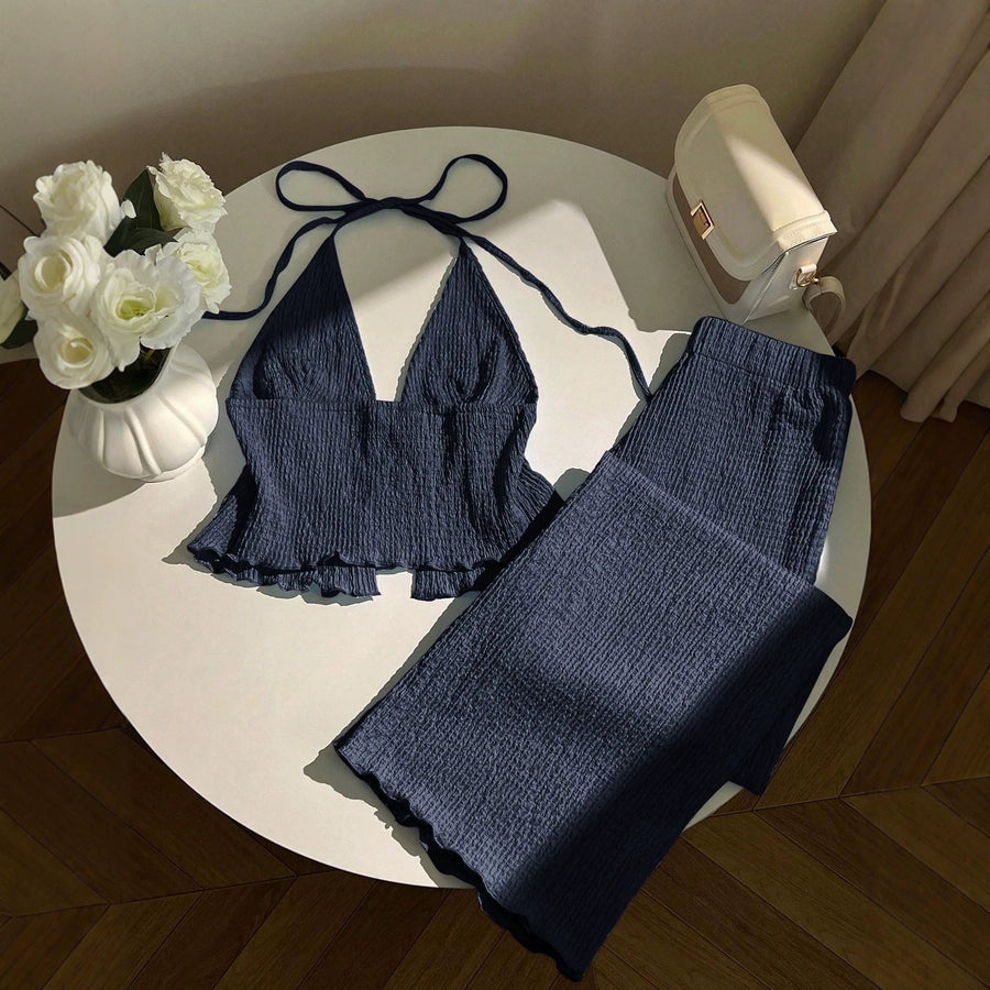 Stylish Textured Halter-neck Top and Pants Set for Any Occasion