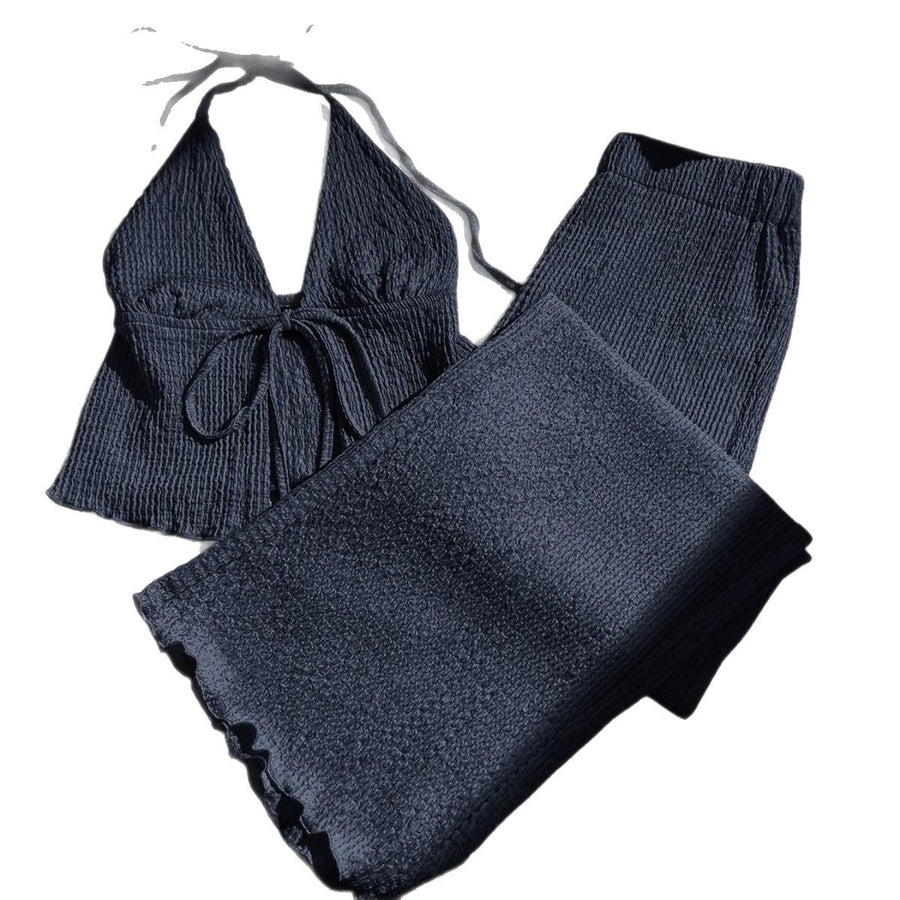Stylish Textured Halter-neck Top and Pants Set for Any Occasion
