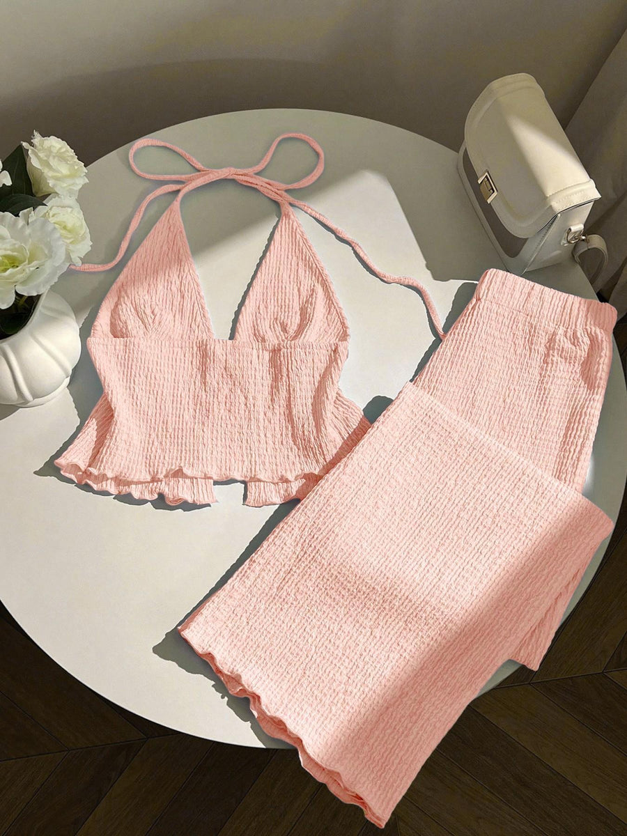 Stylish Textured Halter-neck Top and Pants Set for Any Occasion