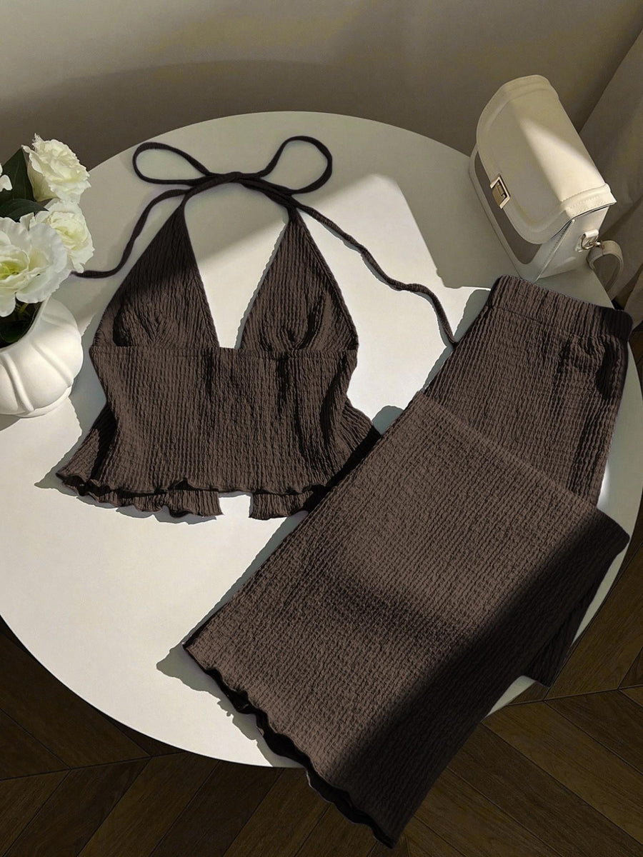 Stylish Textured Halter-neck Top and Pants Set for Any Occasion