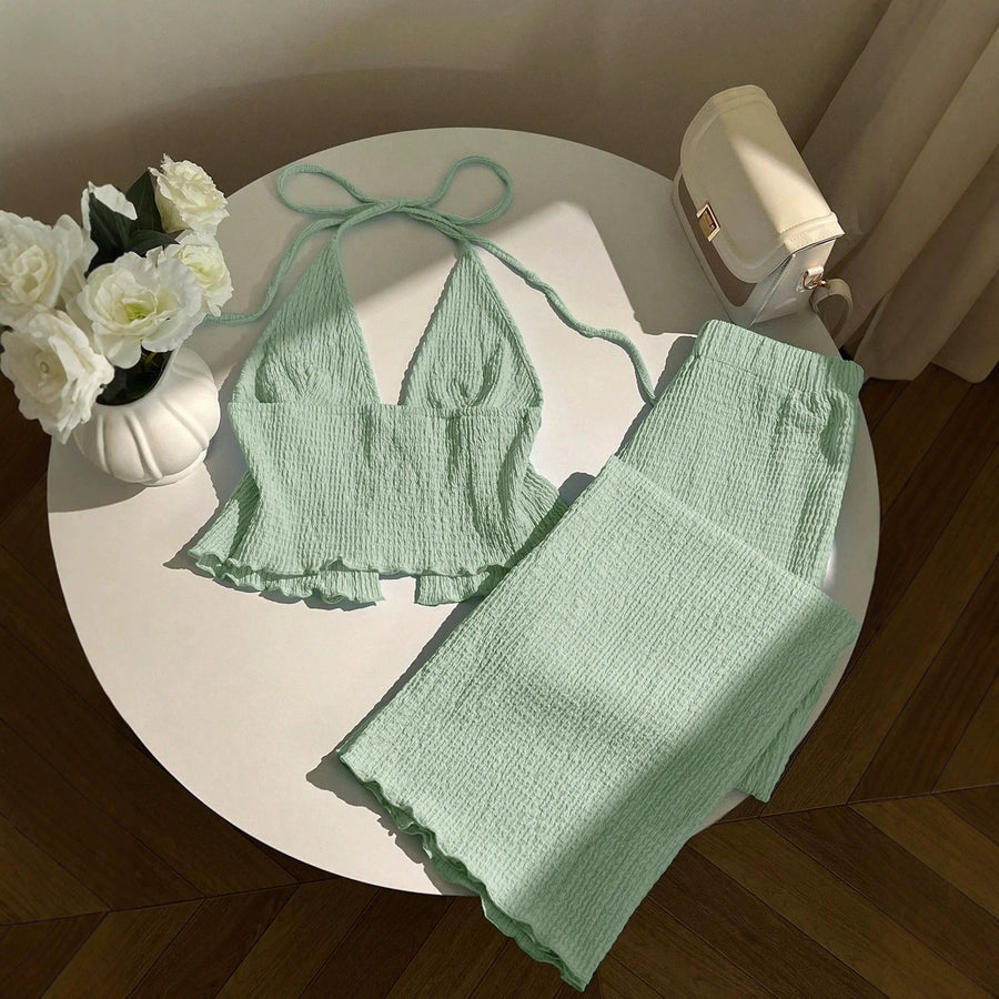 Stylish Textured Halter-neck Top and Pants Set for Any Occasion