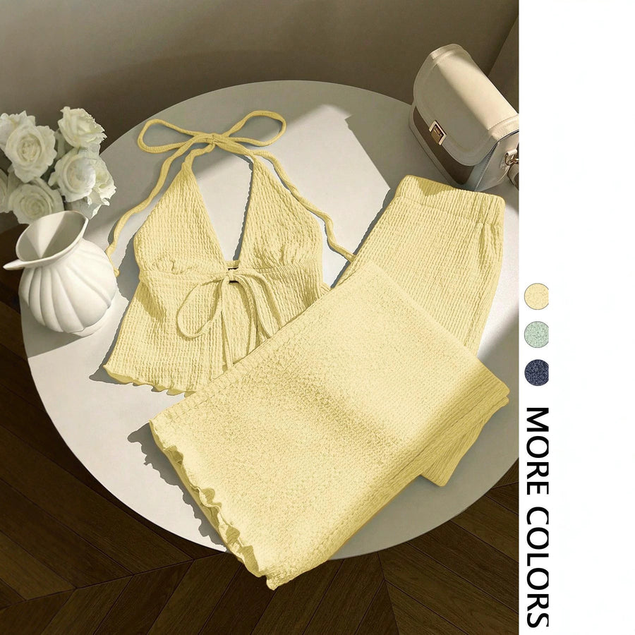 Stylish Textured Halter-neck Top and Pants Set for Any Occasion