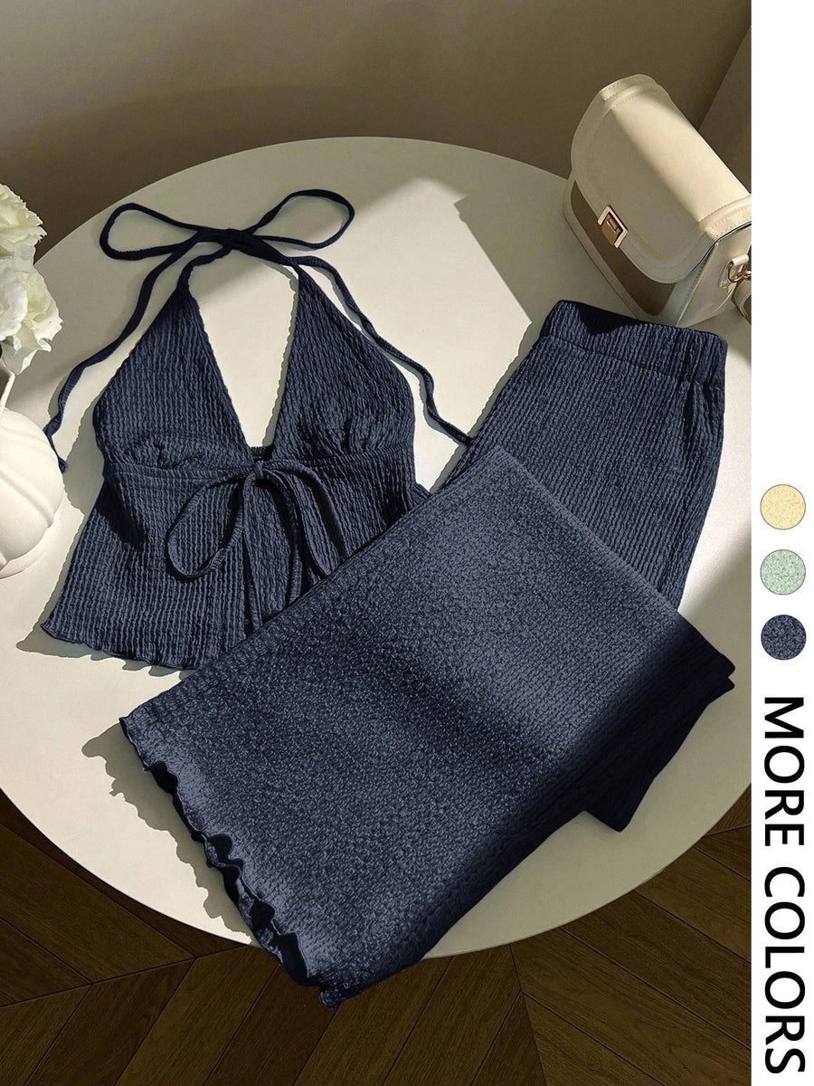 Stylish Textured Halter-neck Top and Pants Set for Any Occasion