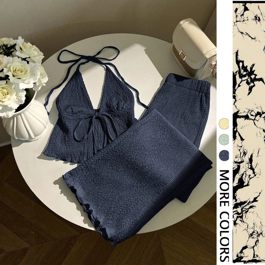Stylish Textured Halter-neck Top and Pants Set for Any Occasion