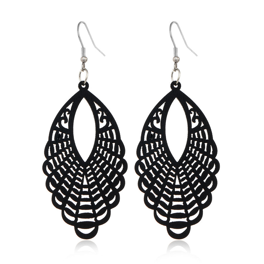 Black Hollow-Out Wooden Earrings - Trendy Statement Jewelry