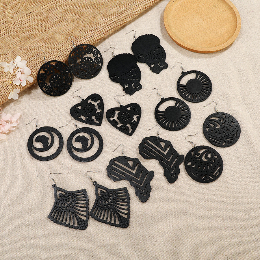 Black Hollow-Out Wooden Earrings - Trendy Statement Jewelry