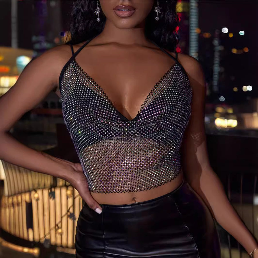 Mesh-Embellished Strappy Sexy Backless Crop Top