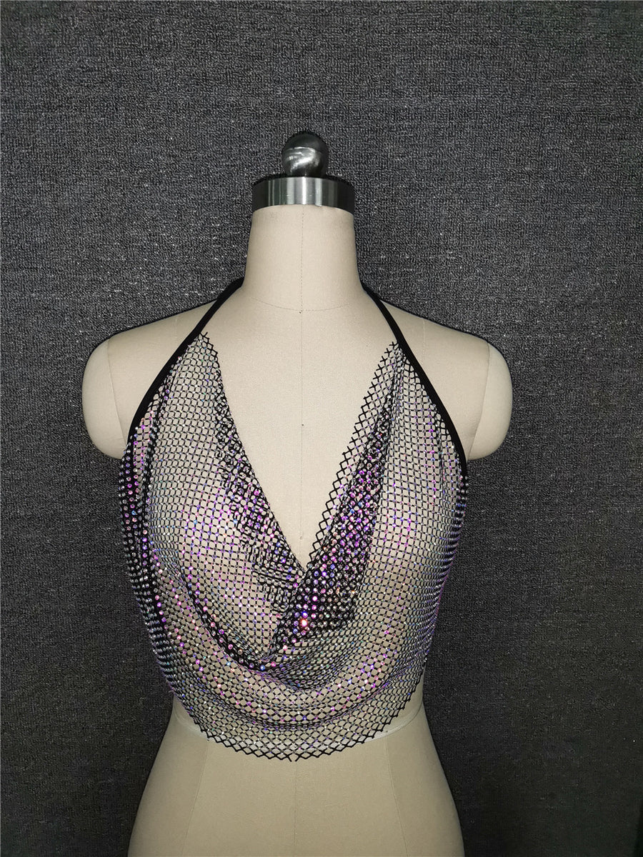 Mesh-Embellished Strappy Sexy Backless Crop Top