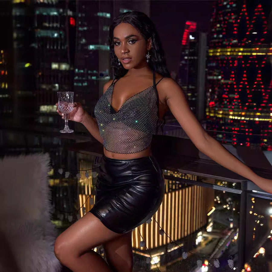 Mesh-Embellished Strappy Sexy Backless Crop Top