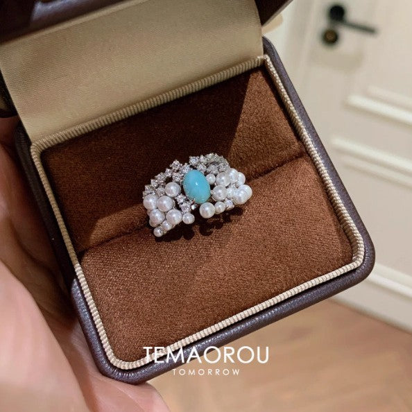 High-end Diamond-inlaid Turquoise and Pearl Ring