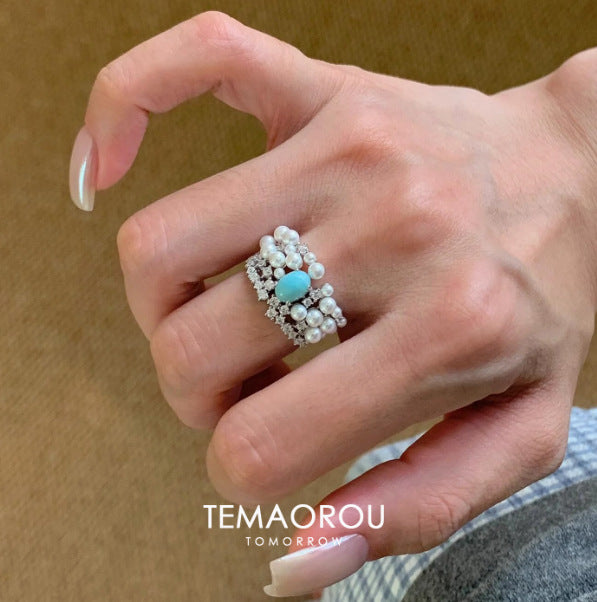 High-end Diamond-inlaid Turquoise and Pearl Ring