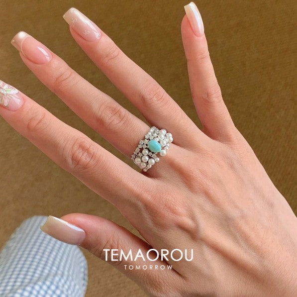 High-end Diamond-inlaid Turquoise and Pearl Ring