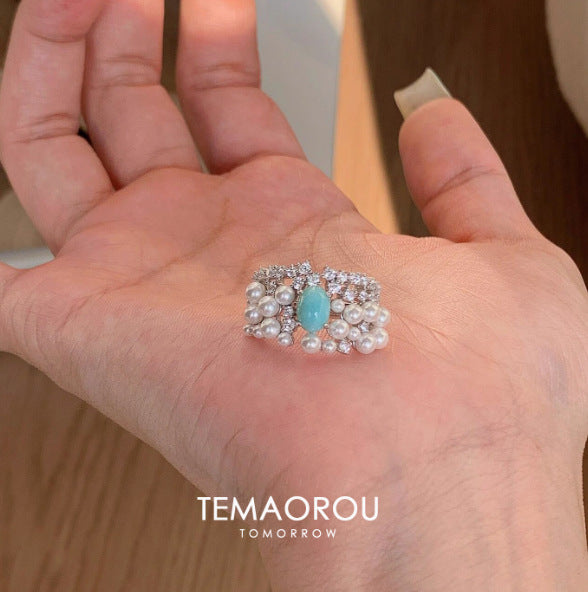 High-end Diamond-inlaid Turquoise and Pearl Ring