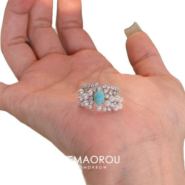 High-end Diamond-inlaid Turquoise and Pearl Ring