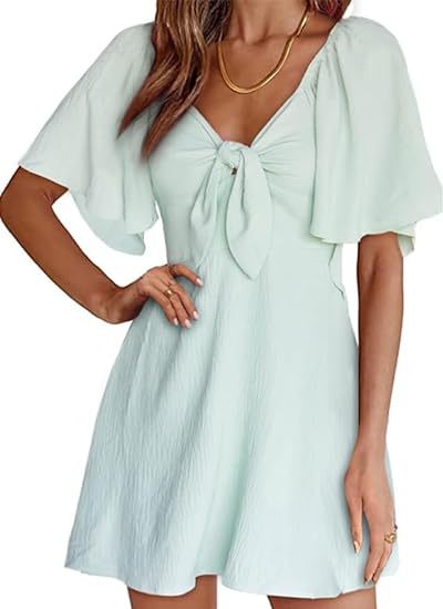 V-neck Mini Dress with Bow Tie and Short Sleeves