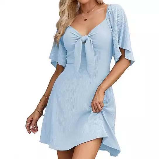 V-neck Mini Dress with Bow Tie and Short Sleeves