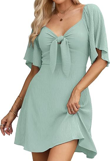 V-neck Mini Dress with Bow Tie and Short Sleeves