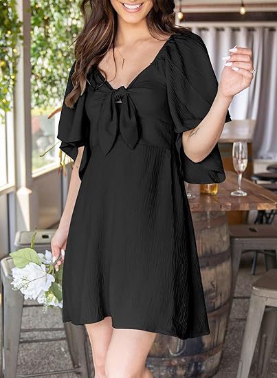V-neck Mini Dress with Bow Tie and Short Sleeves