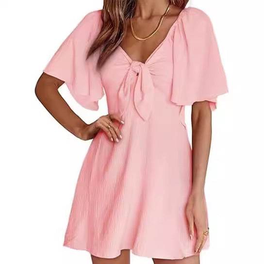 V-neck Mini Dress with Bow Tie and Short Sleeves