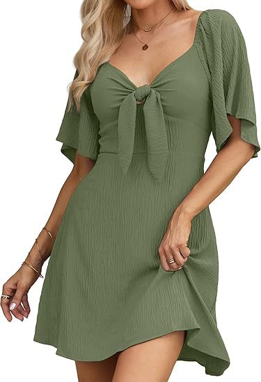 V-neck Mini Dress with Bow Tie and Short Sleeves