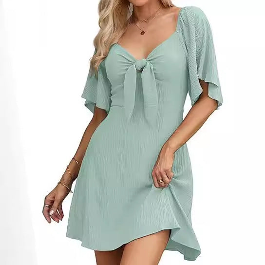 V-neck Mini Dress with Bow Tie and Short Sleeves
