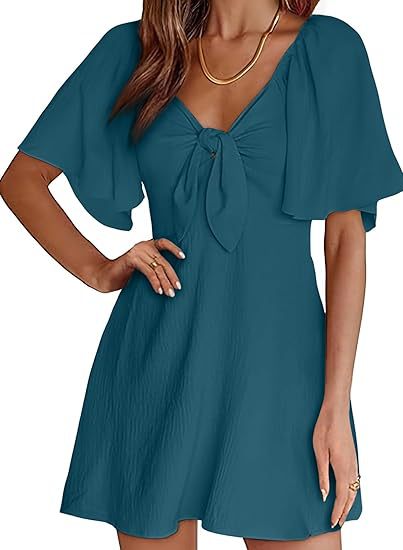 V-neck Mini Dress with Bow Tie and Short Sleeves