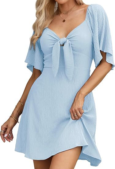 V-neck Mini Dress with Bow Tie and Short Sleeves