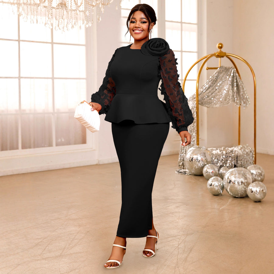 Plus-size Fashionable Maxi Dress with Lantern Sleeves