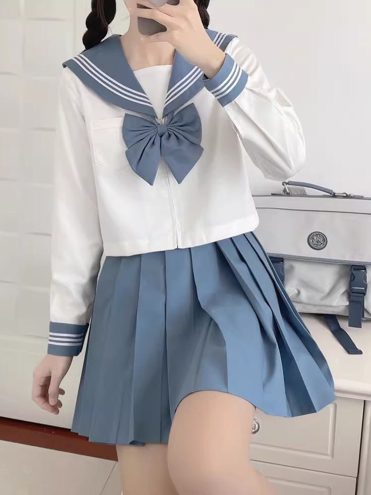Preppy-style Japanese Three-piece Sailor Suit with Pleated Skirt
