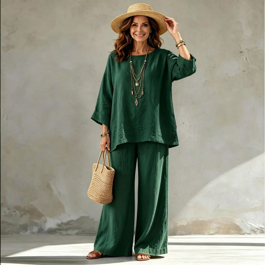 Blended Fabric Crew-neck Shirt And Wide-leg Pants Set