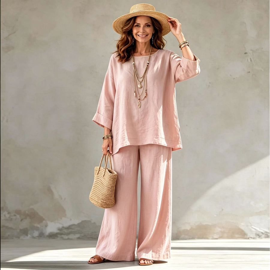 Blended Fabric Crew-neck Shirt And Wide-leg Pants Set