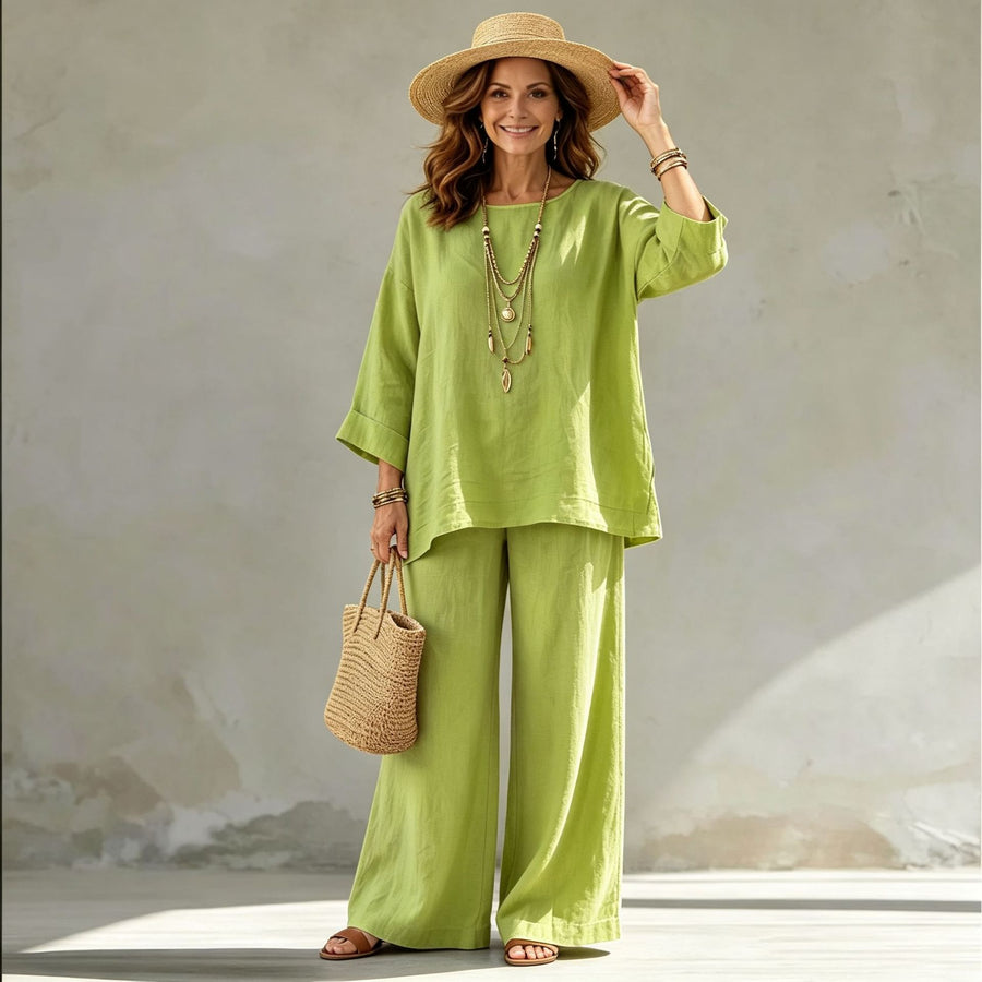 Blended Fabric Crew-neck Shirt And Wide-leg Pants Set