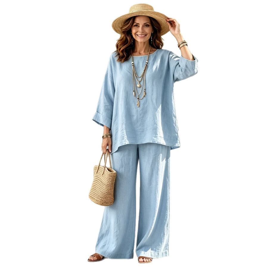 Blended Fabric Crew-neck Shirt And Wide-leg Pants Set