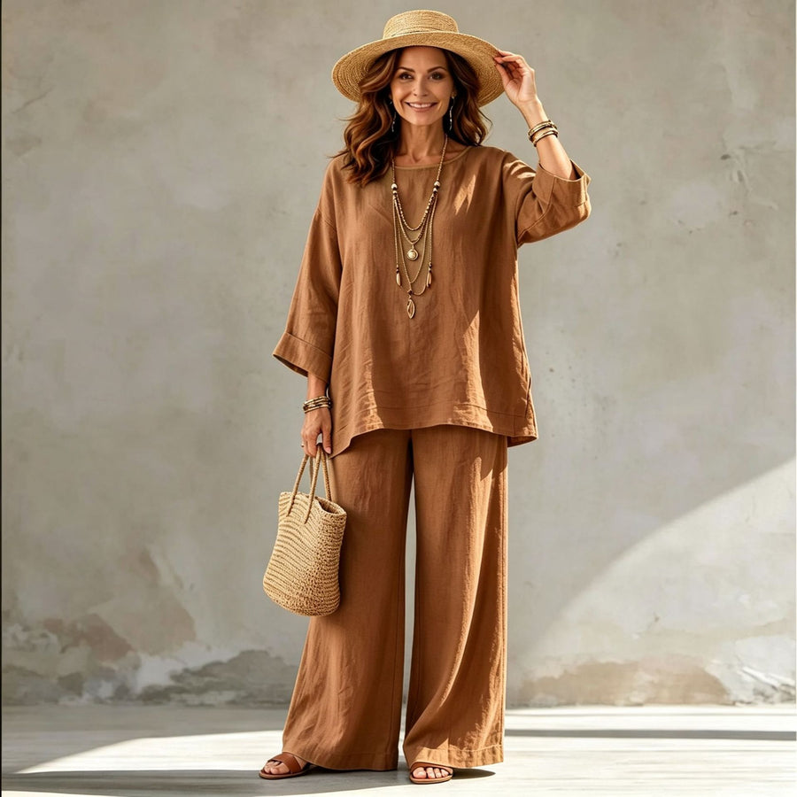 Blended Fabric Crew-neck Shirt And Wide-leg Pants Set