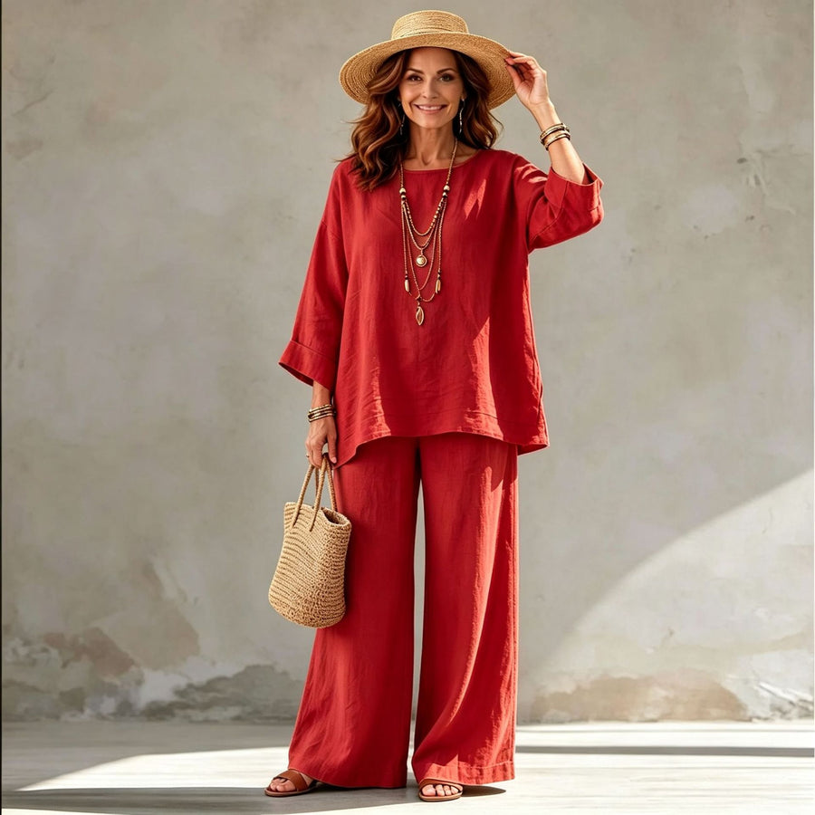 Blended Fabric Crew-neck Shirt And Wide-leg Pants Set